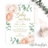 Blush and Beige Floral Baby Shower Invitation, Light Peach and Gold