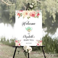 Printable Baby Tea Shower Welcome Sign, Blush Floral and Mint Teapot