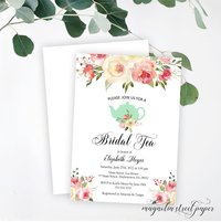 Bridal Tea Invitation, Blush Floral with Mint Teapot