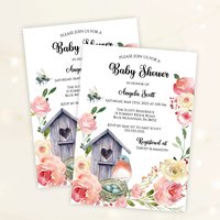 Bluebird Baby Shower Invitation, Pink and Blush Floral Baby Girl Invite