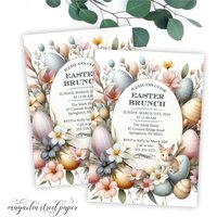 Easter Brunch Invitation, Vintage Watercolor Eggs and Spring Flowers
