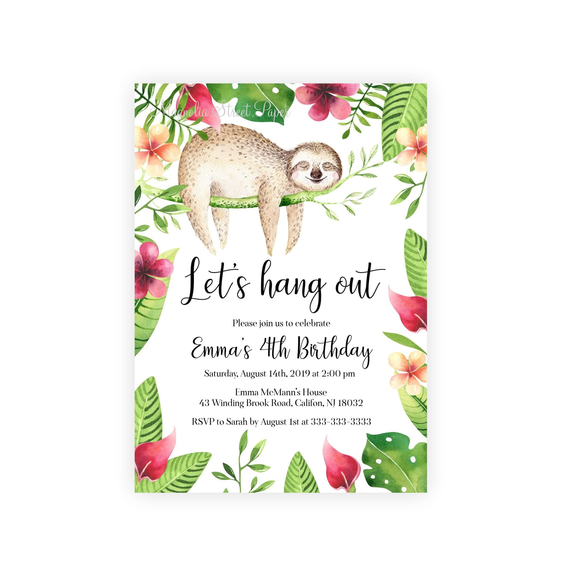 Cute Sloth Birthday Invitation, Tropical Boy or Girl Birthday Party Invite