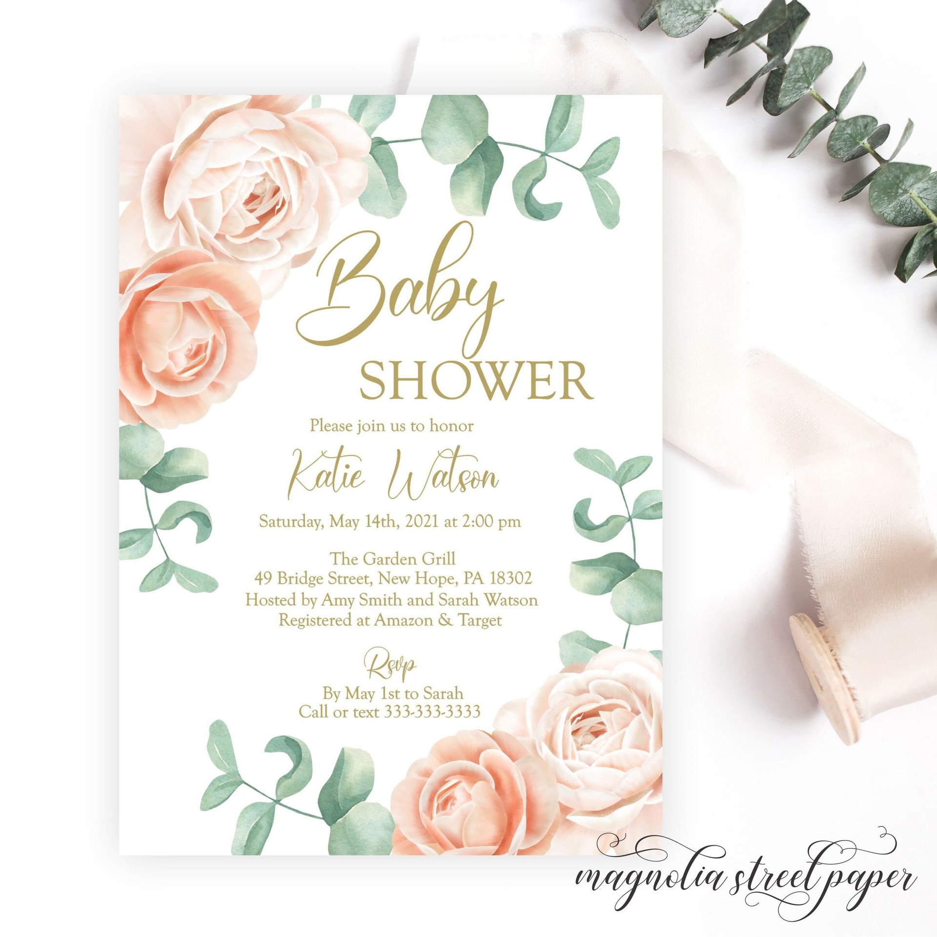 Blush and Beige Floral Baby Shower Invitation, Light Peach and Gold