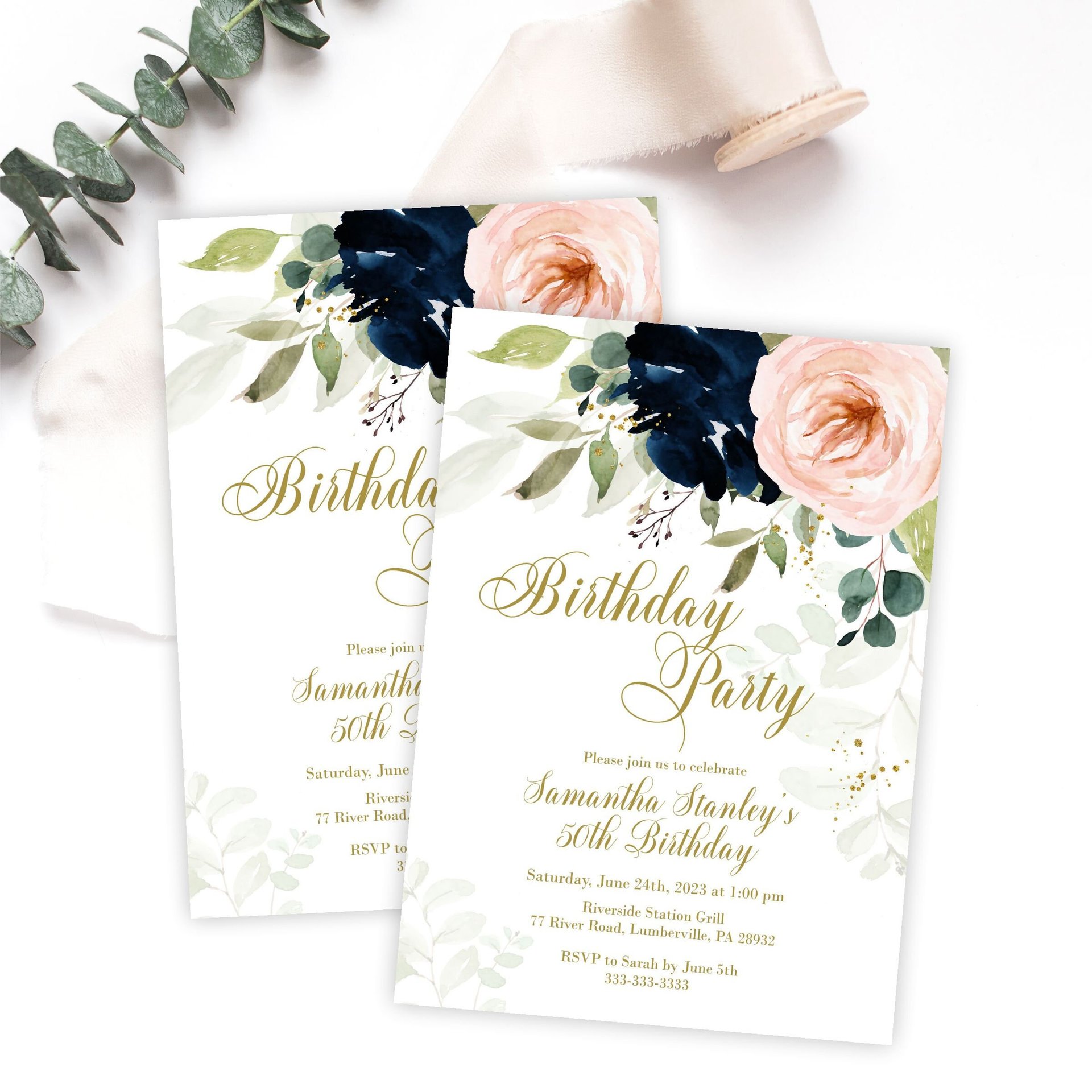 Navy and Blush Floral Birthday Party Invitation, Dreamy Watercolor Baby or Adult Invite