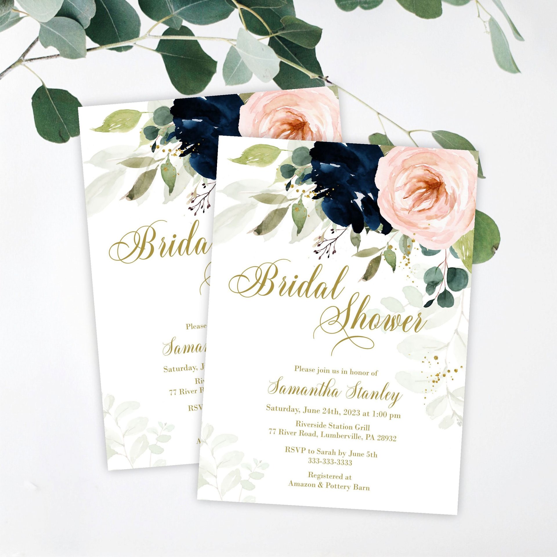 Navy and Blush Floral Bridal Shower Invitation, Dreamy Watercolor