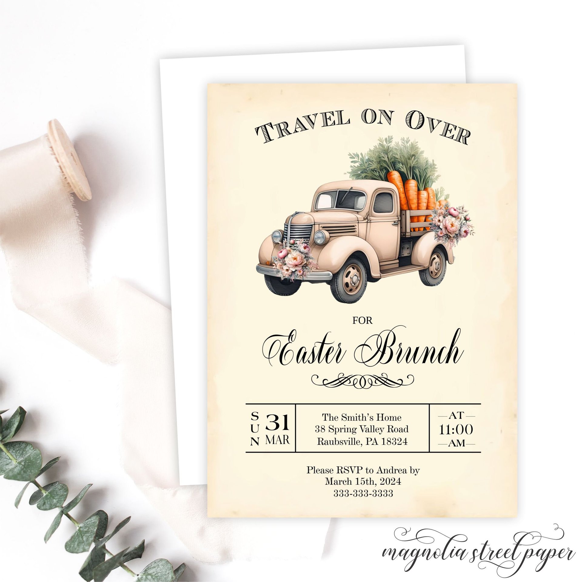 Easter Brunch Invitation, Vintage Truck with Carrots and Peach Flowers