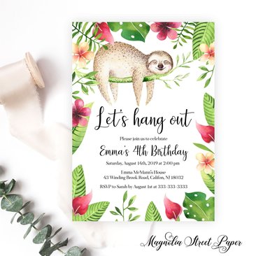 Cute Sloth Birthday Invitation, Tropical Boy or Girl Birthday Party Invite