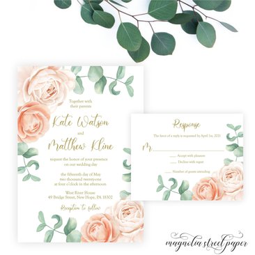 Blush and Beige Floral Wedding Invitation, Watercolor Eucalyptus Greenery Suite, Modern Botanical, Printable or Printed, P1