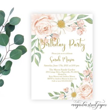 Blush Birthday Party Invitation, Pink and Gold Spring Birthday Invite