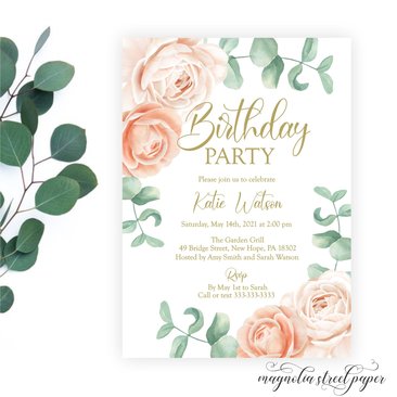 Blush and Beige Floral Birthday Party Invitation, Adult or Baby