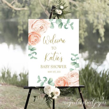Peach Baby Shower Welcome Sign, Watercolor Blush and Beige Floral