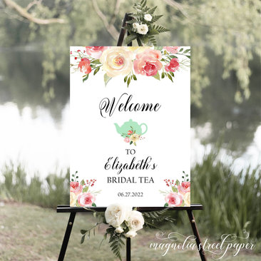 Bridal Tea Shower Welcome Sign, Blush Floral and Mint Teapot