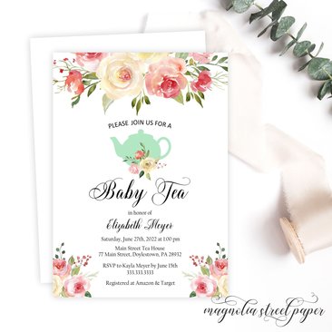 Baby Tea Party Invitation, Blush Floral and Mint Teapot