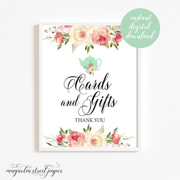 Printable Cards and Gifts Sign, Bridal Tea or Baby Tea Blush Floral Sign