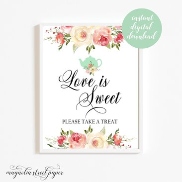 Love Is Sweet Sign, Printable Bridal Tea Shower or Wedding Favors Sign