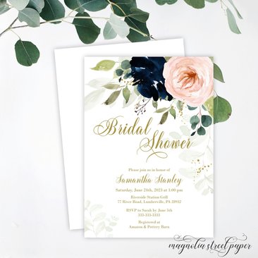 Navy and Blush Floral Bridal Shower Invitation, Dreamy Watercolor