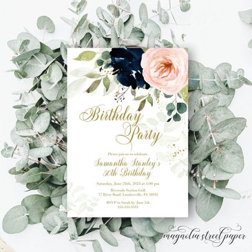 Navy and Blush Floral Birthday Party Invitation, Dreamy Watercolor Baby or Adult Invite
