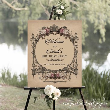 Elegant Gothic Birthday Party Welcome Sign, Vintage Goth Signage
