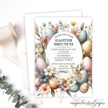 Easter Brunch Invitation, Vintage Watercolor Eggs and Spring Flowers