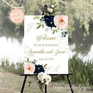 Navy and Blush Floral Wedding Welcome Sign, Watercolor Pink and Blue 