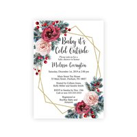 Baby It's Cold Outside Baby Shower Invitation, Pine, Blush and Burgundy Floral