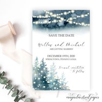 Winter Save The Date, Watercolor Pine Trees and String Lights
