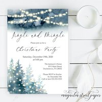 Blue Watercolor Christmas Party Invitation, Pine Trees and String Lights