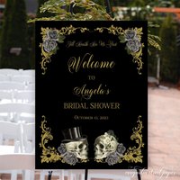 Halloween Gothic Bridal Shower Welcome Sign, Skulls and Vintage Dark Grey Flowers