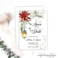 Winter Save the Date, Poinsettia and White Rose Christmas Wedding Announcement