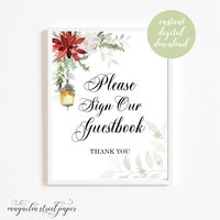 Printable Winter Please Sign Our Guestbook Sign, Wedding Reception, Poinsettia, Pine and Lantern