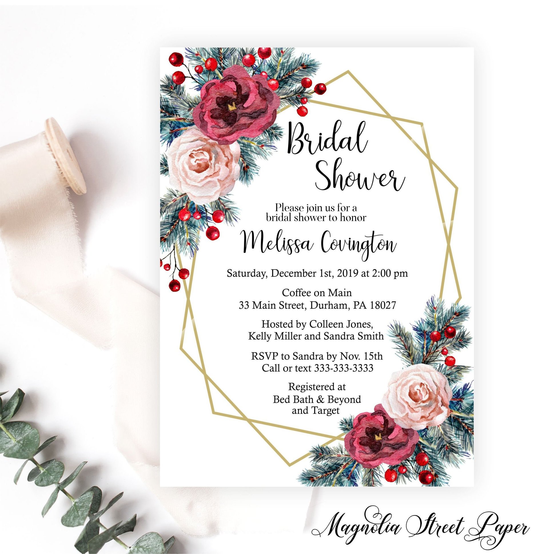 Winter Pine and Blush and Burgundy Floral Bridal Shower Invitation
