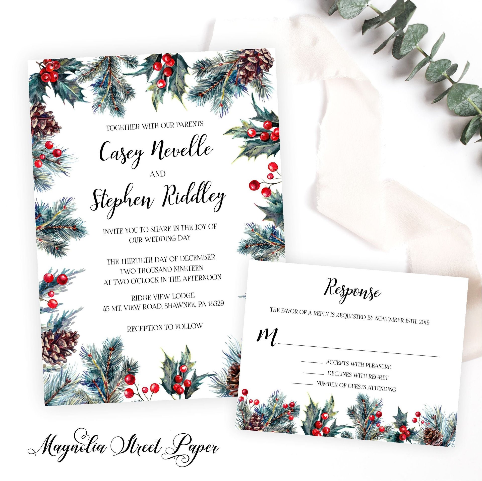 Pine and Holly Wedding Invitation, Winter or Christmas, Includes RSVP Card