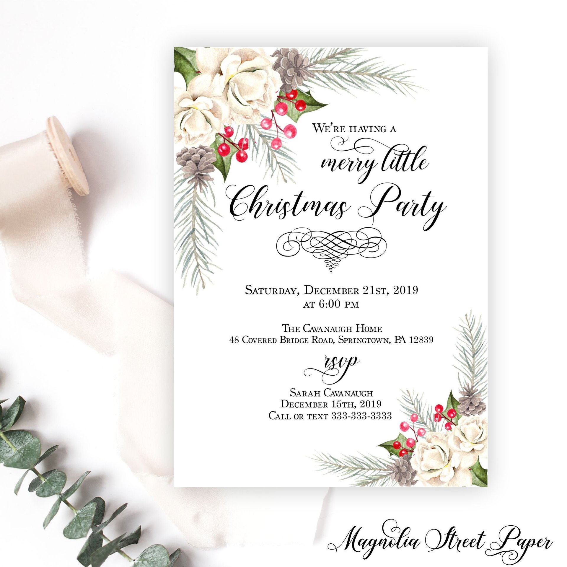 Elegant Winter Pine and Holly Christmas Party Invitation