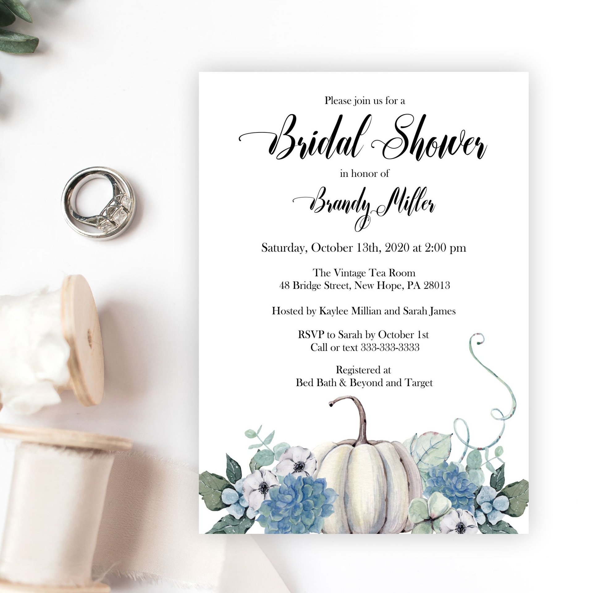 White Pumpkin Bridal Shower Invitation, Autumn Dusty Blue Floral