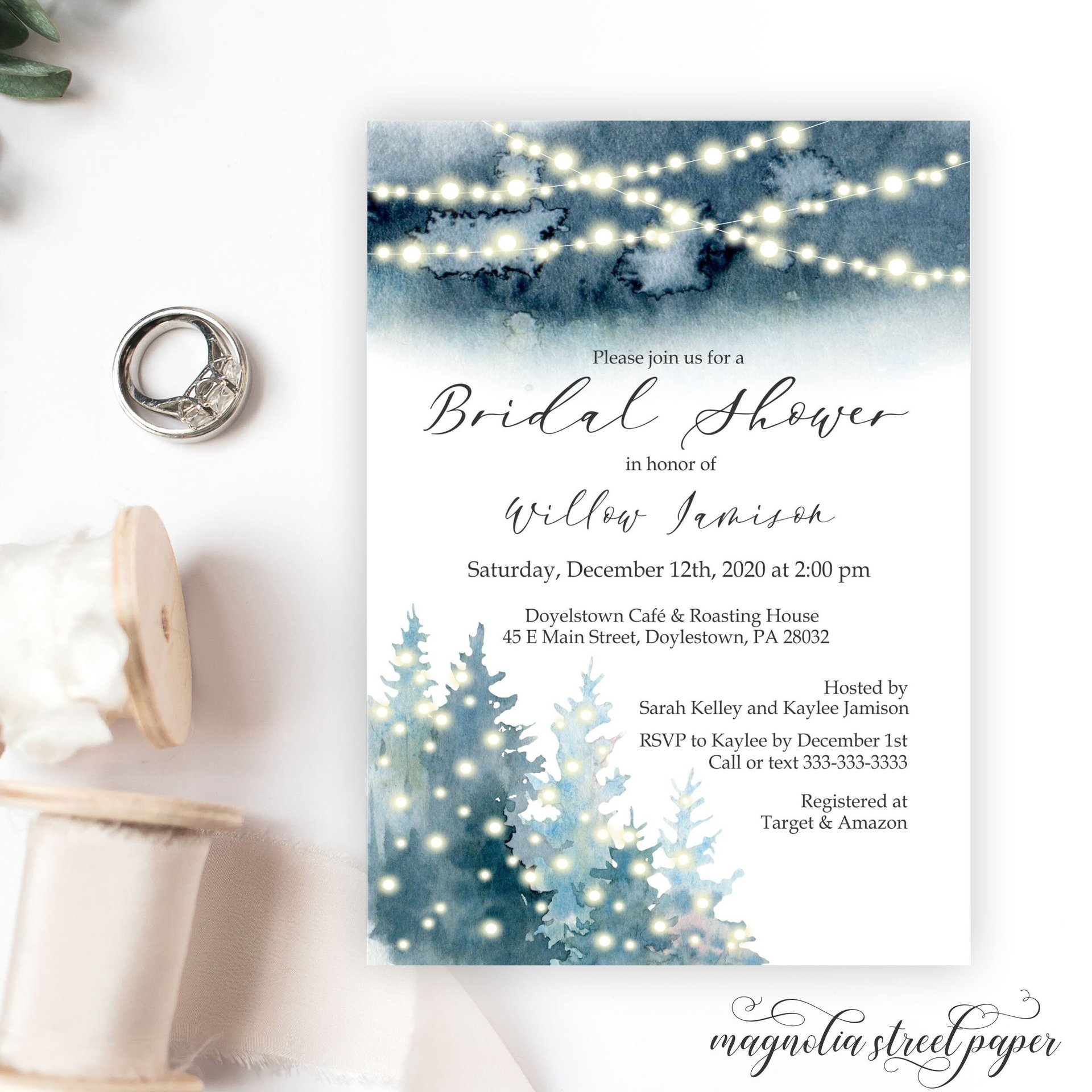 Winter Bridal Shower Invitation,  Watercolor Pine and String Lights