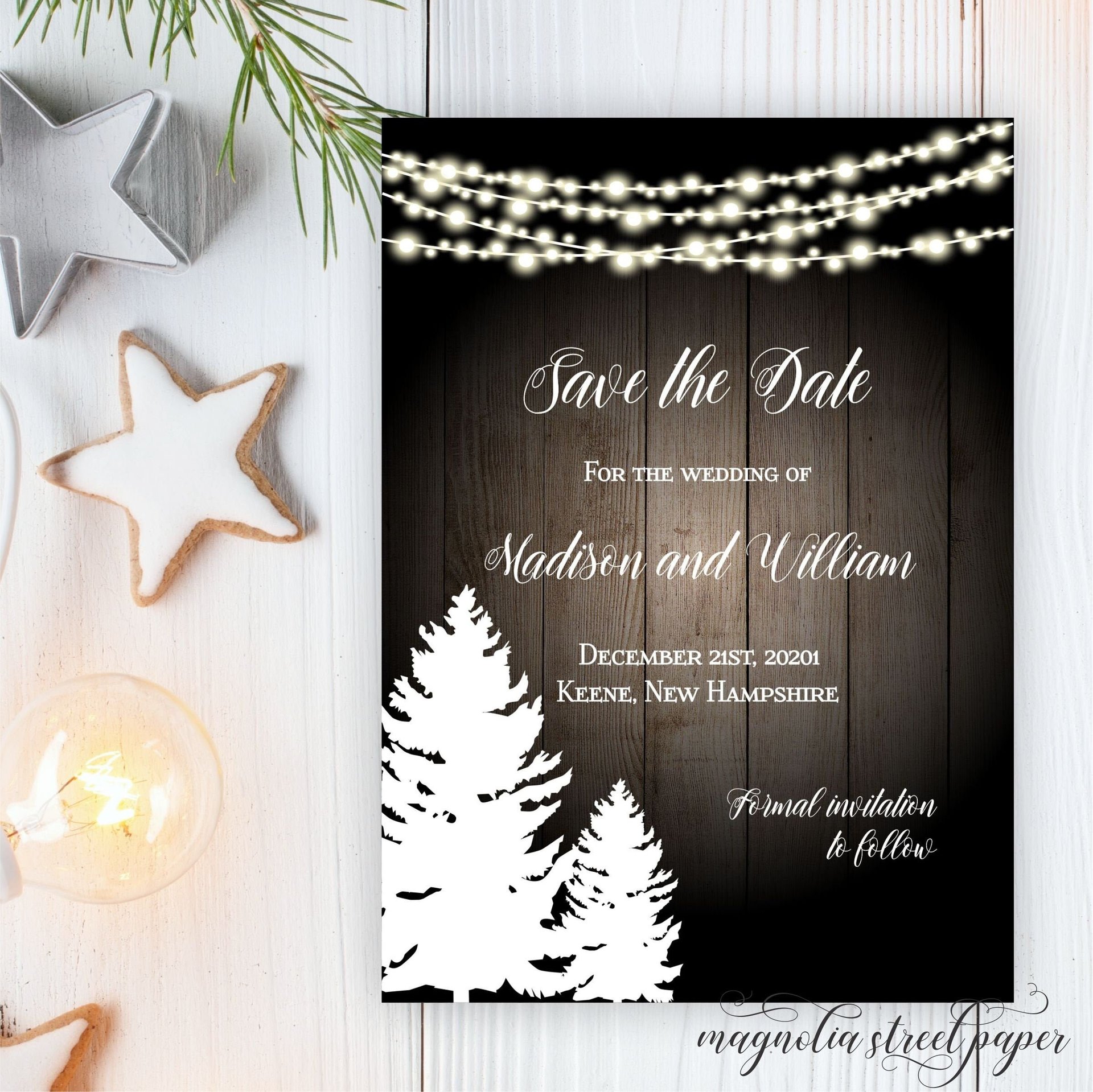 Winter Save The Date, Rustic Pine Trees and String Lights Wedding Announcement
