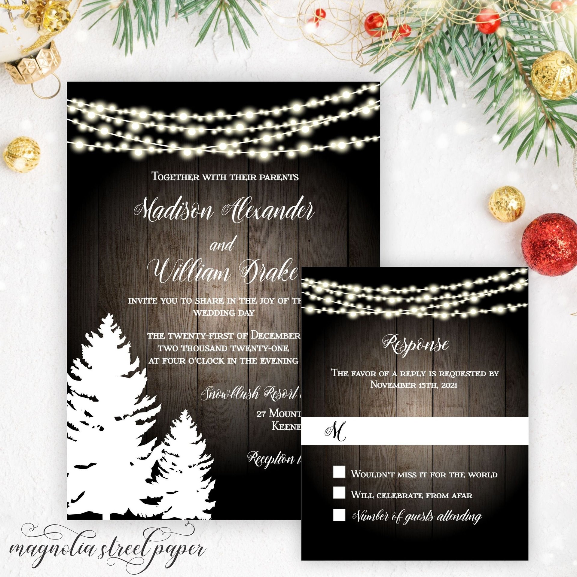 Winter Wedding Invitation, Rustic Pine Tree and String Lights Wedding Suite