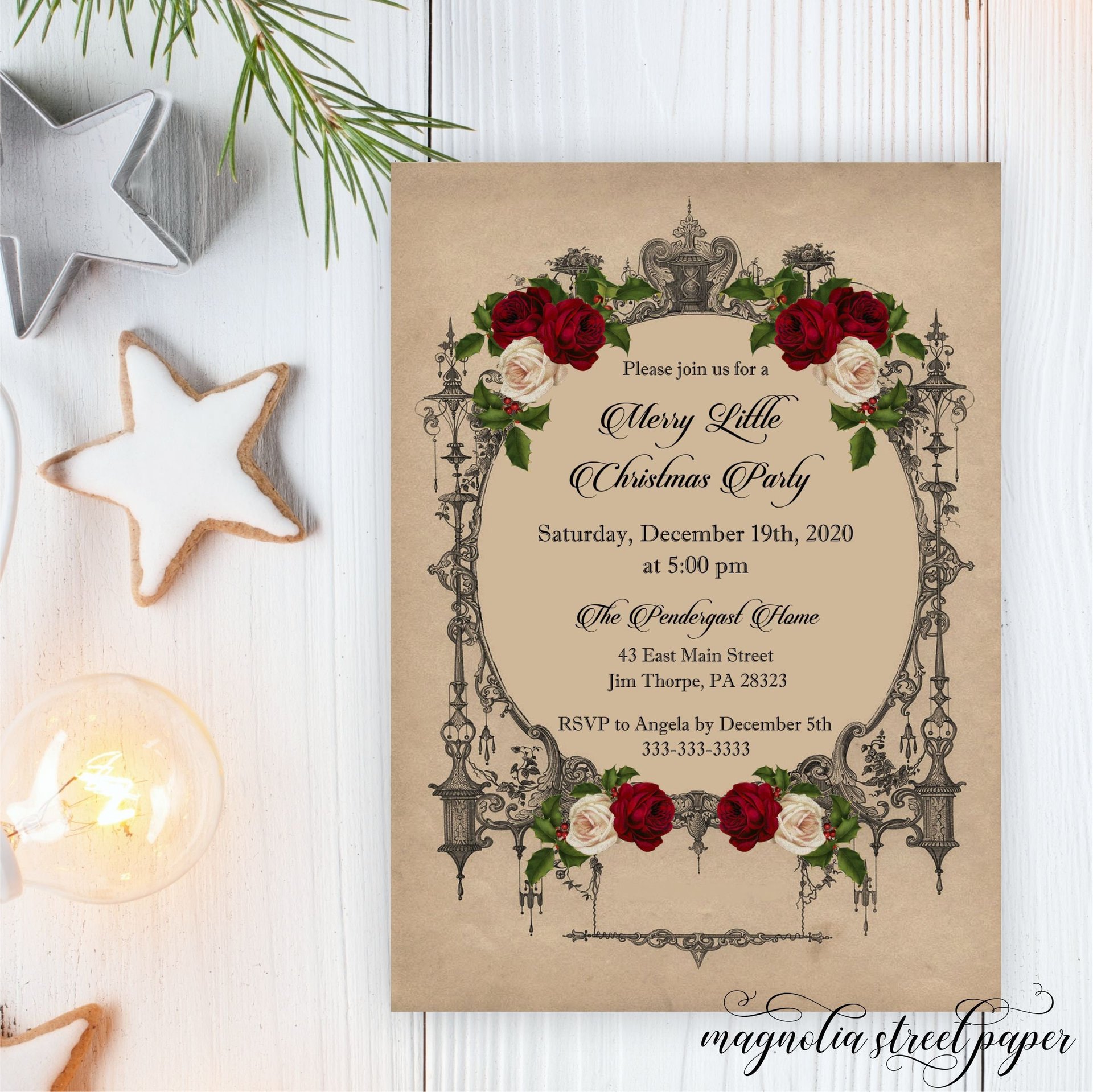 Elegant Vintage Christmas Party Invitation, Burgundy Flowers and Holly
