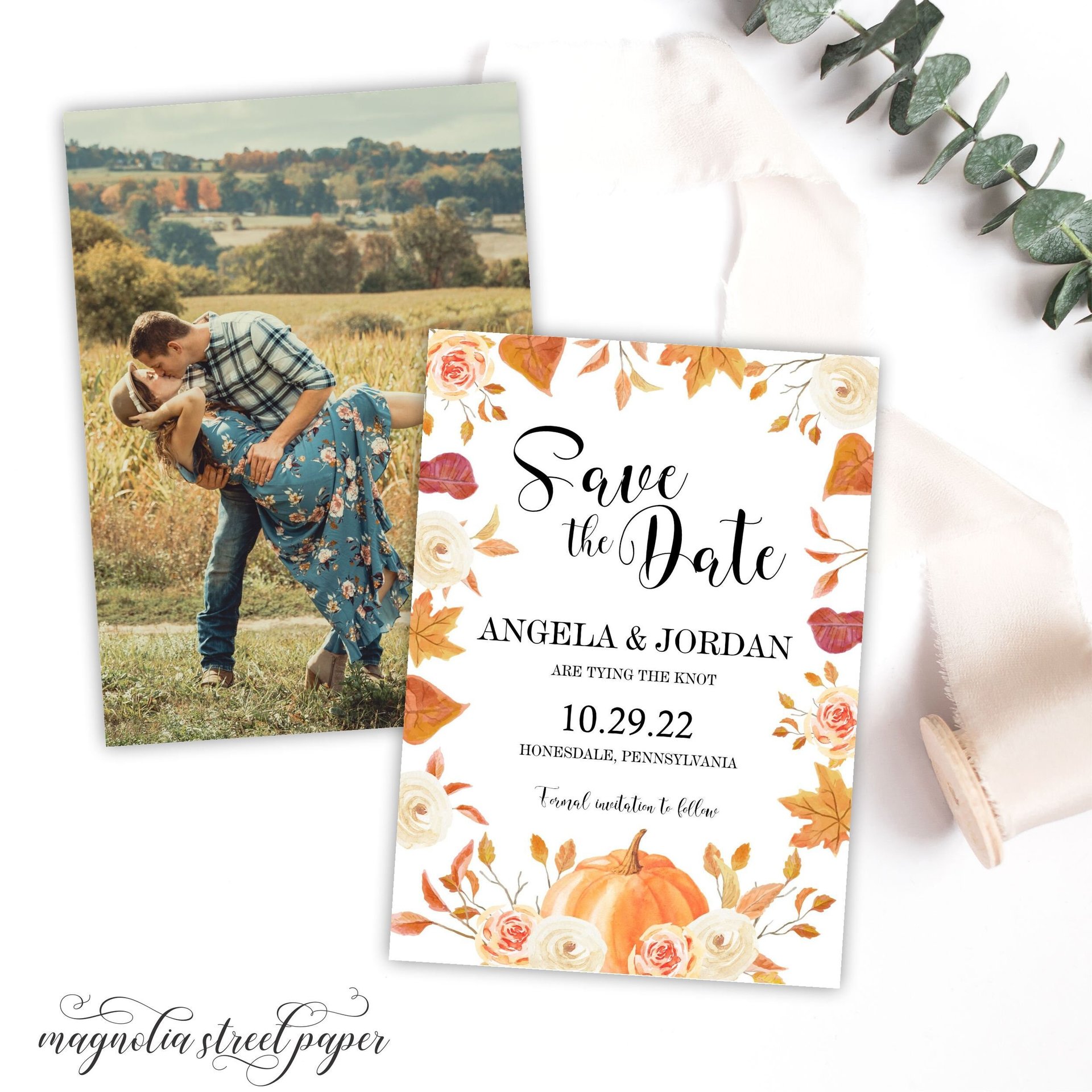 Fall Save the Date With Photo, Autumn Leaves and Pumpkin