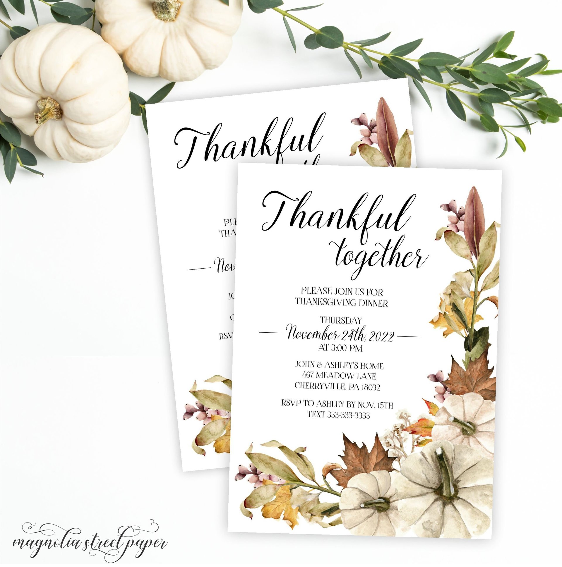 Thanksgiving Dinner Invitation, White Pumpkins and Fall Leaves