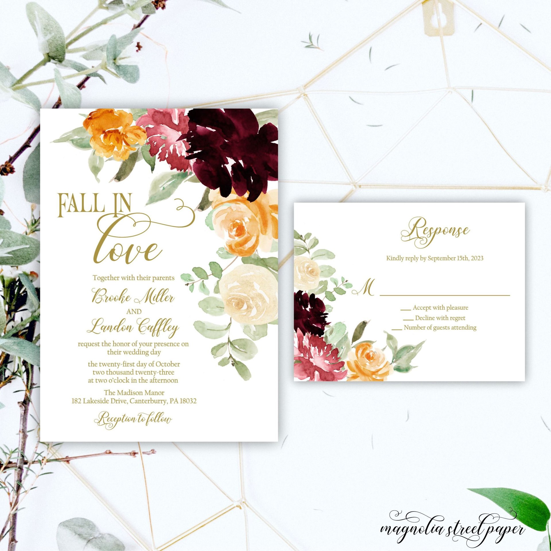 Fall in Love Floral Wedding Invitation, Watercolor Burgundy, Pink, Orange