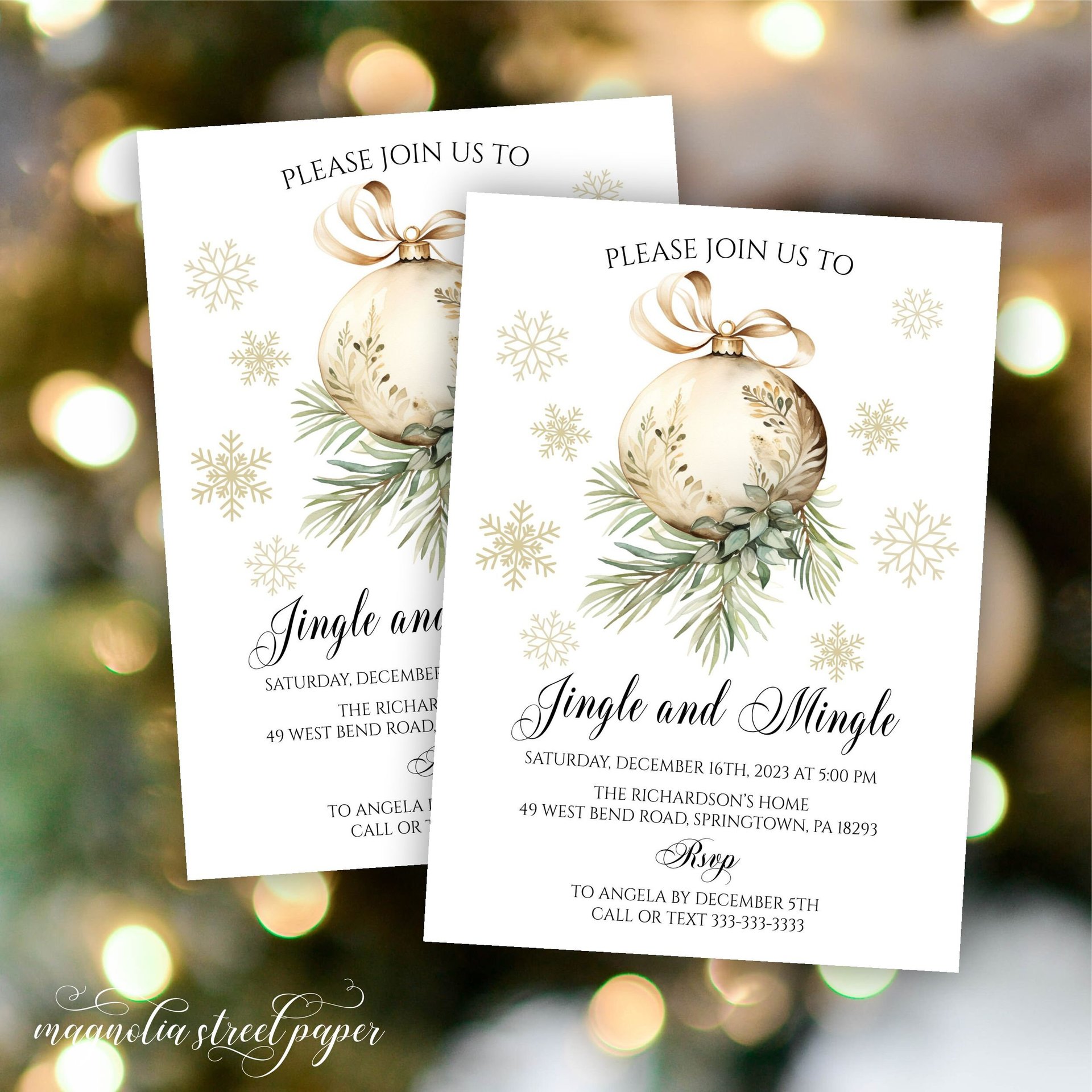 Jingle and Mingle Christmas Party Invitation, Gold and Green