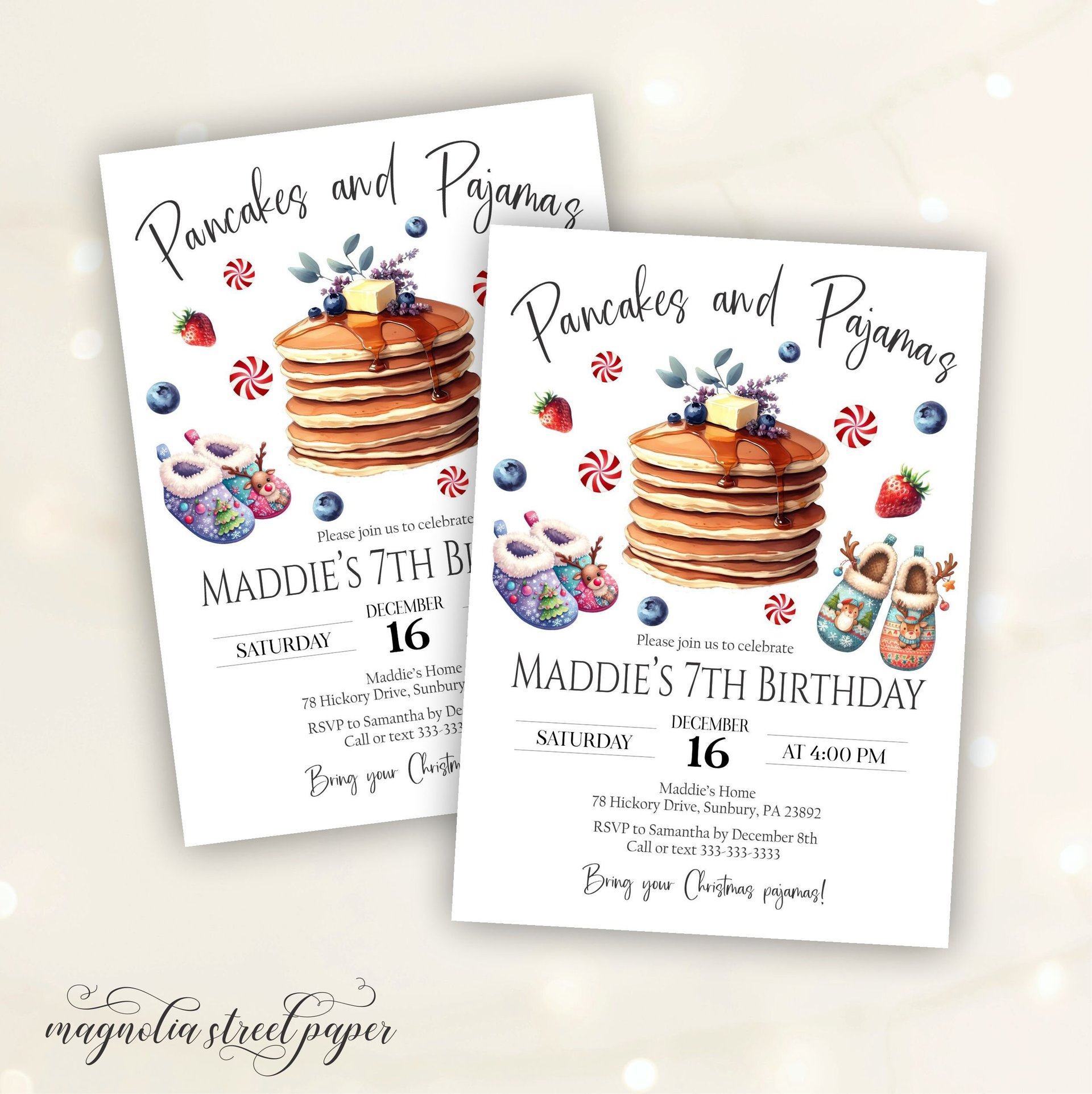 Pancakes and Pajamas Birthday Party Invitation, Christmas Breakfast Party