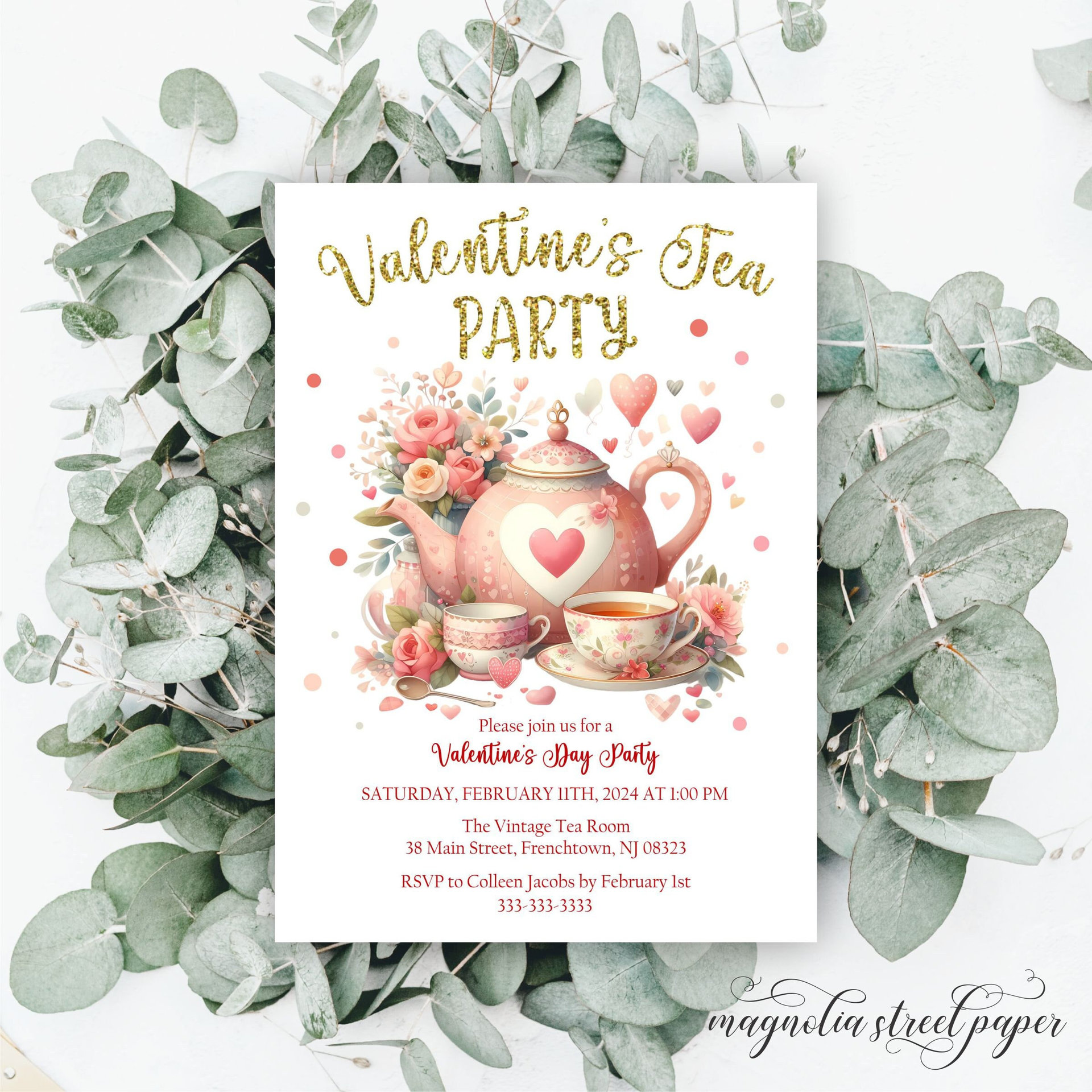Valentine's Day Tea Party Invitation, Galentine's Brunch and Tea