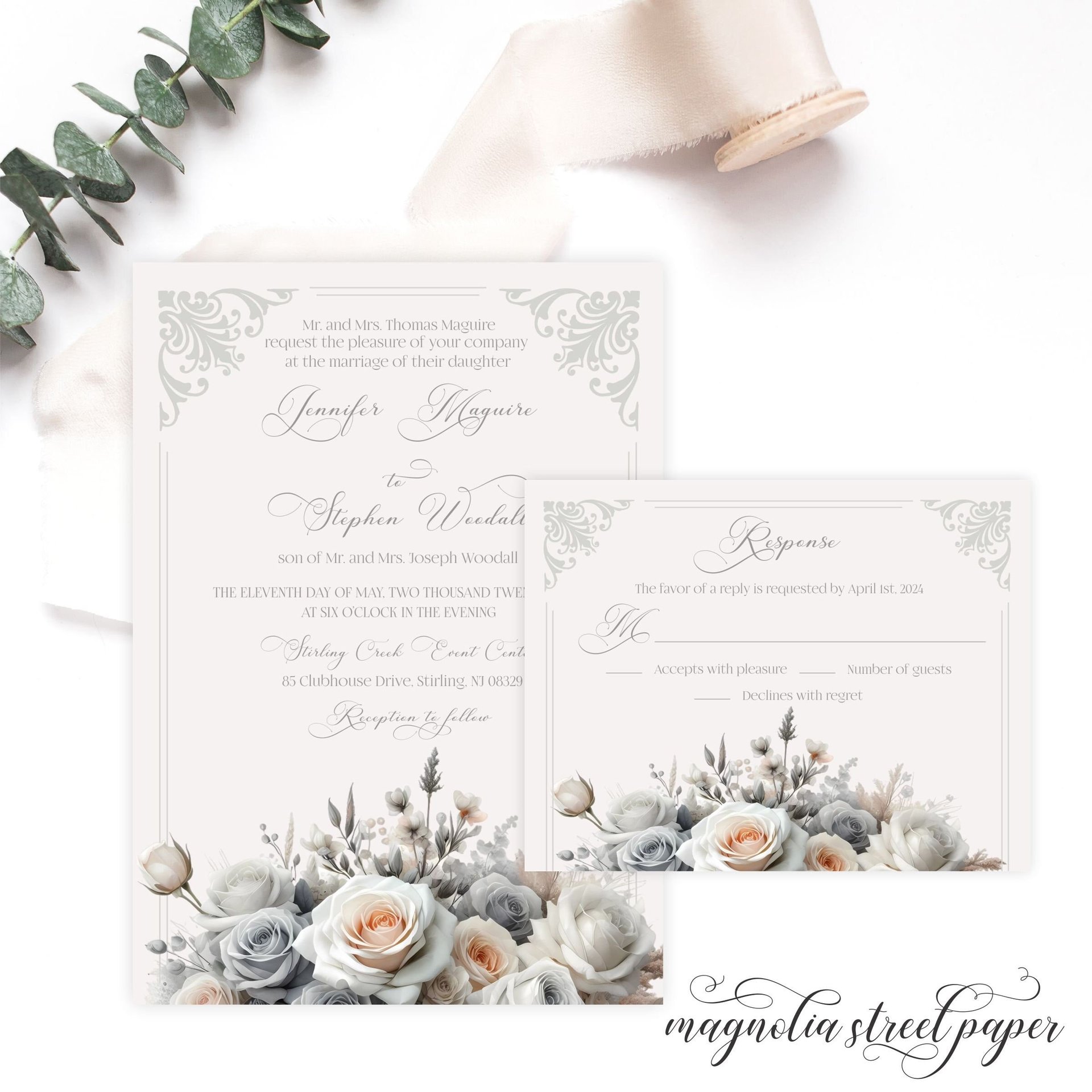 Elegant Gray, White and Blush Floral Vintage Wedding Invitation, Traditional and Classic
