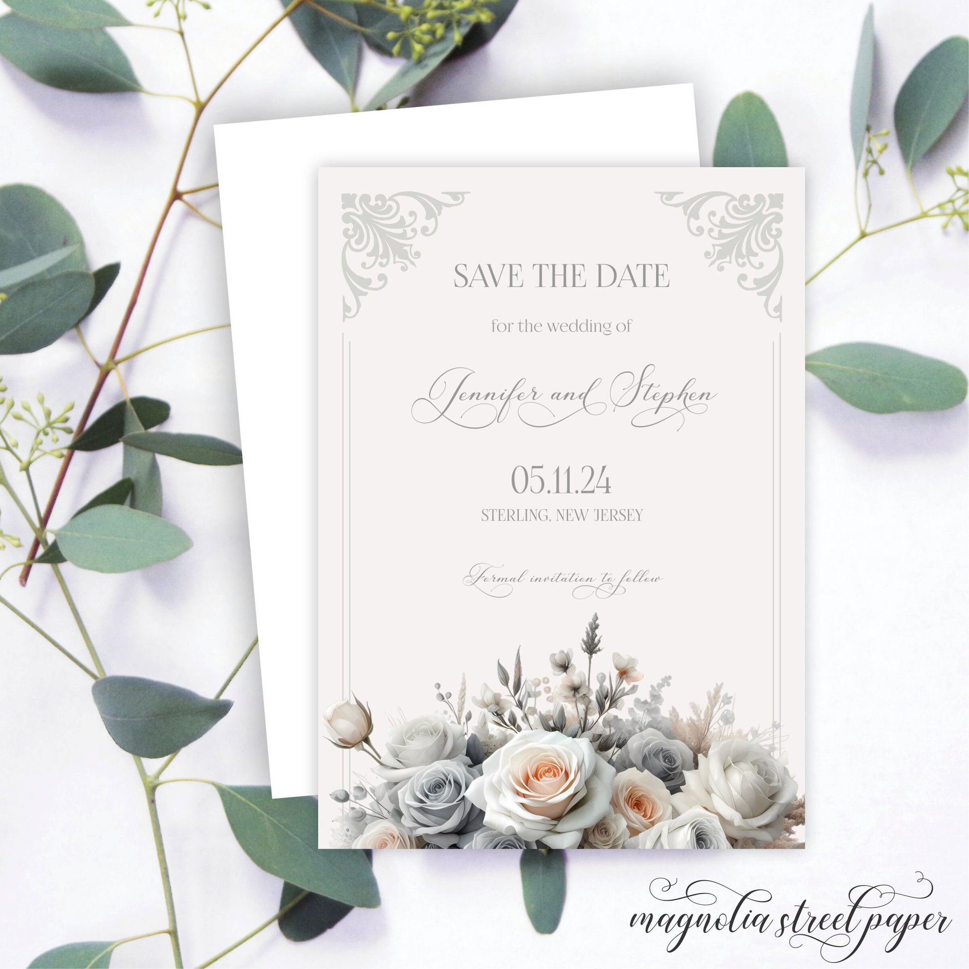 Elegant Vintage Save the Date, Gray, White and Blush Roses
