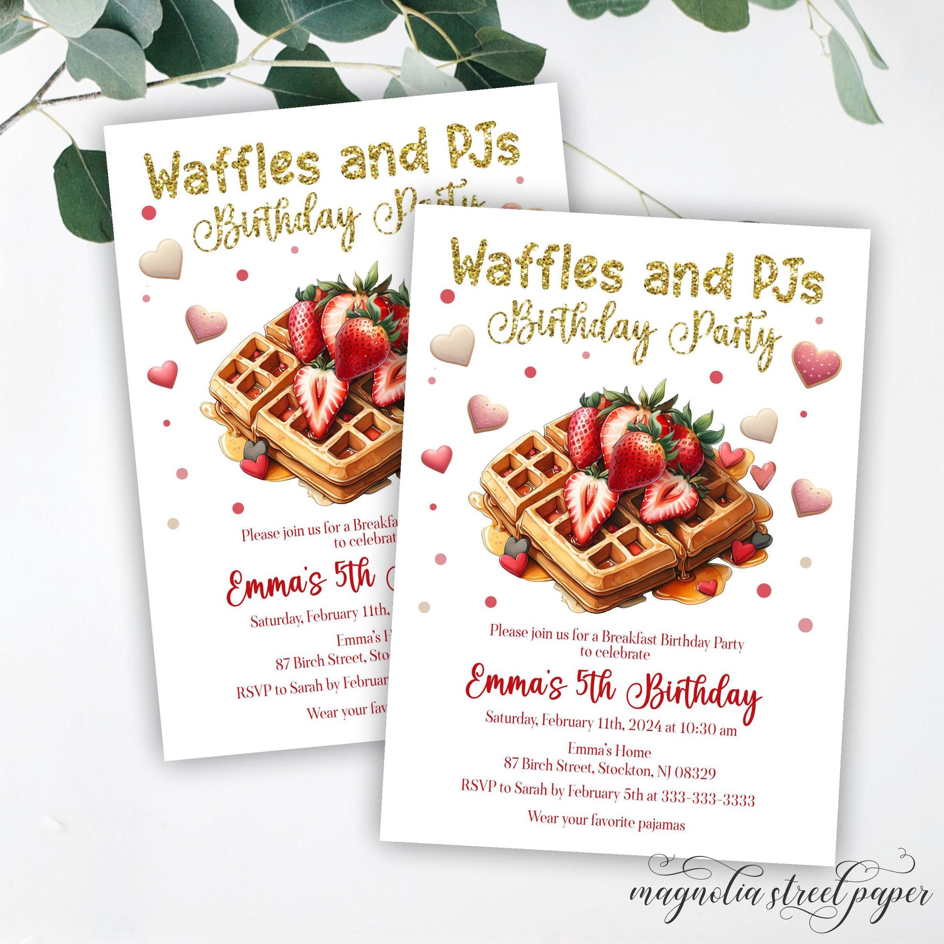 Waffles and PJs Birthday Party Invitation, Valentine's Day Breakfast Birthday