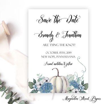 Autumn Save the Date, White Pumpkin and Dusty Blue Wedding Announcement