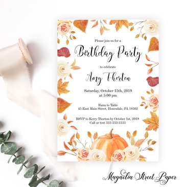 Falling Leaves and Pumpkin Birthday Party Invitation