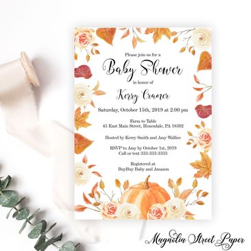 Fall Leaves and Pumpkin Baby Shower Invitation, Autumn Blush Floral